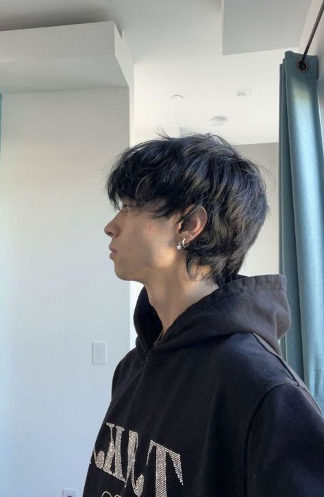 Straight Short Hair With Bangs Men, Two Block Wolfcut, Men Hair With Bangs, Men’s Haircut With Bangs, Short Wolfcut Hair Men, Wolfcut Male Straight Hair, Dark Hair Mullet, Softboy Haircut, Softboy Hairstyle