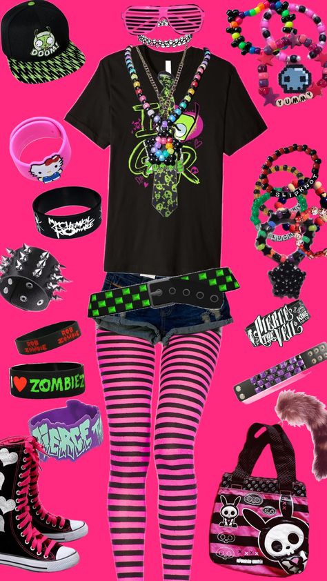 #scene #scenecore #scenekid #emo #ptv #piercetheveil #robzombie #zombies #invaderzim #gir Where To Get Emo Clothes, Scene Clothing Style, Scene Zombie Costume, Scene Inspo Outfit, Scene Pjs, Scene Kid Accessories, Alternative Halloween Ideas, Scene Clothes 2000s, Scene Halloween Costume