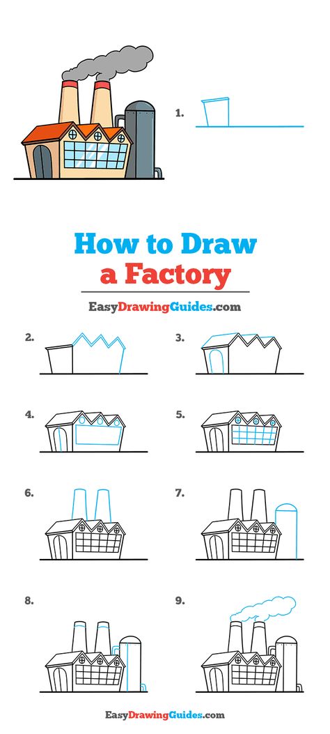 How to Draw a Factory - Really Easy Drawing Tutorial Industrial Revolution Drawing, Factory Drawing Easy, Factory Sketch, Industry Drawing, Factory Drawing, Student Sketchbook, Draw Buildings, Revolution Art, Writing Childrens Books