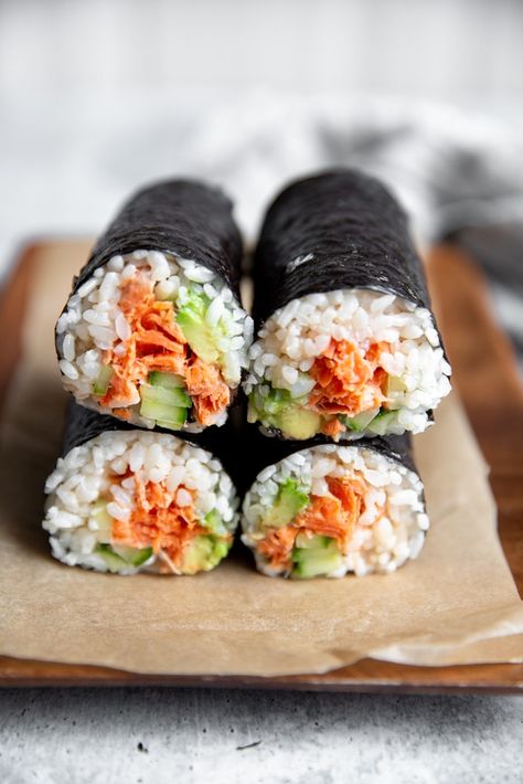 Salmon Sushi Burrito, Salmon Nori Wrap, Cooked Salmon Sushi Rolls, Salmon Kimbap, Cooked Salmon Sushi, B12 Recipes, Sushi Burrito Recipe, Spicy Sushi, Sushi Diy