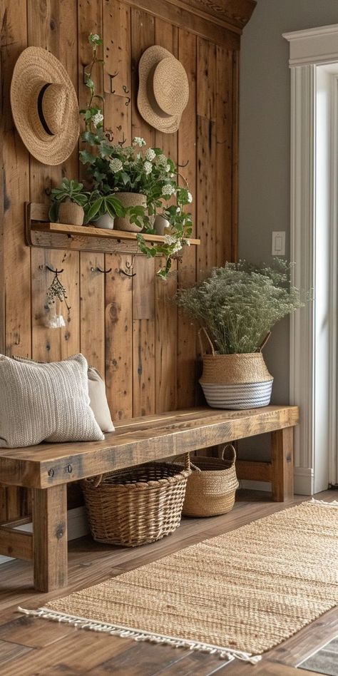 Charm Aesthetic, House Coastal, Home Entrance Decor, Entrance Decor, Wooden Bench, Scandinavian Inspired, Wooden House, House Entrance, House Designs