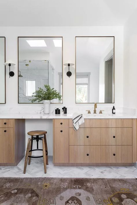 18 Bathroom Makeup Vanity Ideas That Are Worthy of a Glam Squad | Hunker Ensuite With Makeup Counter, Farmhouse Makeup Vanity Bathroom, Bathroom Vanity With Make Up Vanity, Bathroom Cabinets With Makeup Vanity, Make Up Vanity In Closet, Bathroom Vanity With Makeup Area, Makeup Vanity Bathroom, Bathroom Makeup Vanity Ideas, Bathroom Makeup Vanity