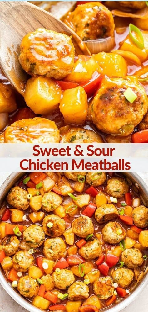 If you love sweet and sour chicken then you have to try this meatball version! Baked chicken meatballs are simmered in a sweet and tangy sauce. Serve on top of rice for an easy and delicious weeknight meal! #sweetandsourchicken #meatballs #chickenrecipe #healthydinner #comfortfood #Asianfood #healthyrecipes Recipe Sweet And Sour Sauce, Runner Recipes, Sweet Meatballs, Chicken Meatballs Healthy, Recipe Runner, Ground Chicken Meatballs, Baked Chicken Meatballs, Meatball Dinner, Chicken Meatball Recipes