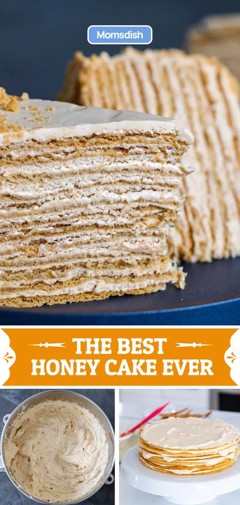 This Russian honey cake recipe, aka medovik, features beautiful layers of cake alternated with a super sweet honey and dulce de leche cake cream. YUM! Layered Honey Cake, Kiev Cake Recipe, Medovik Cake Recipes, Honey Layer Cake, Moist Honey Cake Recipe, Russian Honey Cake Recipe, Honey Cake Recipe Easy, Medovik Cake, Kiev Cake