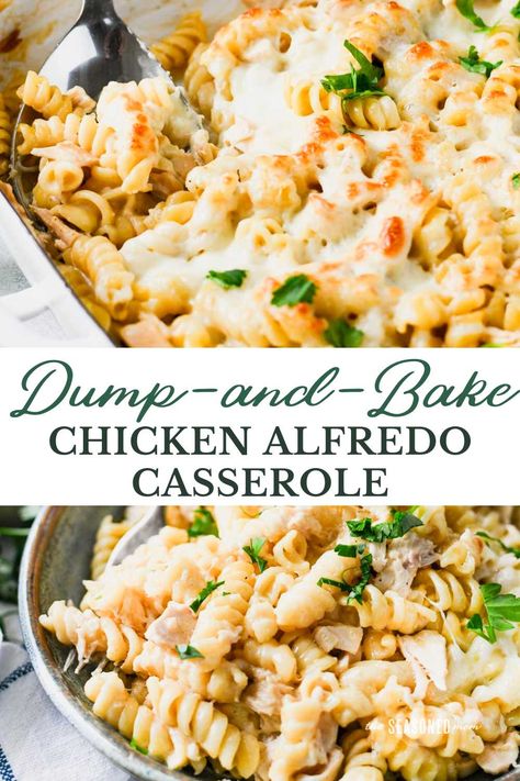 A 10-minute crowd-pleaser, this chicken Alfredo bake is an easy, cheesy, comfort food dinner for your busiest weeknights -- and you don't even have to boil the pasta! Pasta Bake Freezer Meal, Good Chicken Recipes Dinner Tonight, Dump And Bake Alfredo Pasta, Chicken Dump Bake, Alfredo Baked Chicken And Pasta, Chicken Alfredo Large Crowd, Easy Alfredo Casserole, Meal Prep Chicken Alfredo, Weeknight Chicken