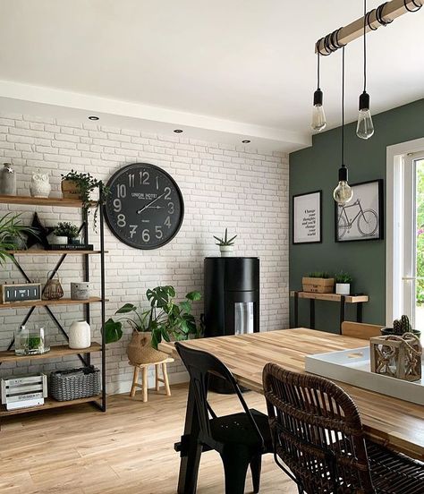 Nordic Home Decor on Instagram: “Great combination of greens, wood, black and white! Love it 🖤 . Credits: @maryline._ . Follow us for more decor content! . 👉…” Dark Wood Living Room, White House Interior, Black And White Living Room, Black Interior Design, Wood Interior Design, Black Living Room, Black Dining Room, Black And White Decor, Trendy Home Decor