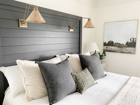 Diy Headboard Between Two Windows, Accent Wall No Headboard, Master No Headboard, Shiplap Headboard Wall Bedroom, Shiplap Headboard With Lights, Wall Bed Headboard Ideas, Lake House Headboard Ideas, Master Bed No Headboard, Beadboard Headboard Diy