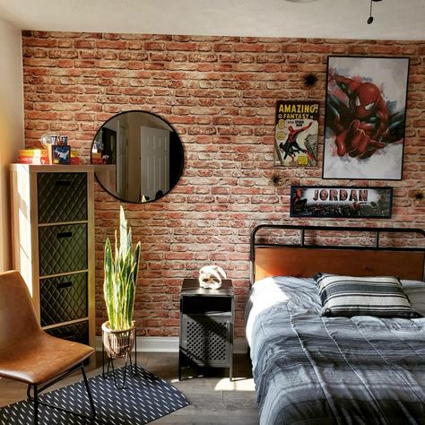 industrial style pre-teen boy room Boys Room Wallpaper Teenage, Brick Wallpaper Boys Bedroom, Boys Industrial Bedroom Ideas, Industrial Teen Boy Bedroom, Industrial Kids Bedroom, Pre Teen Boys Room Bedroom Ideas, Industrial Boys Rooms, Boy Teen Room, Boys Industrial Bedroom