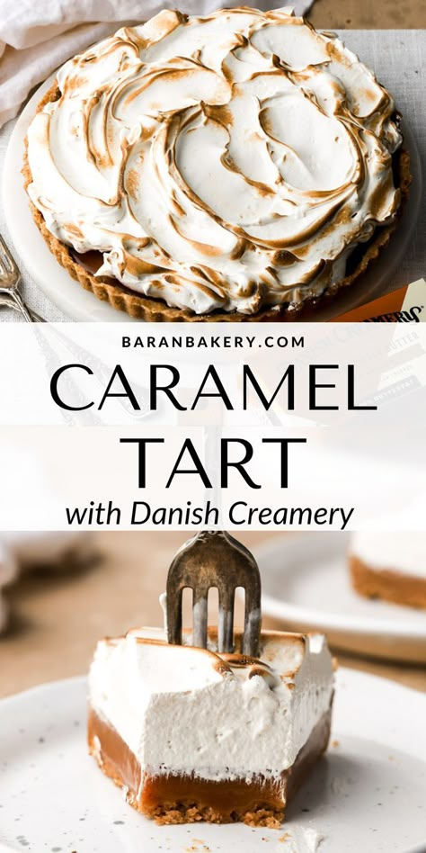 The ULTIMATE salted caramel tart made with a brown butter crust, fresh homemade salted caramel sauce and topped with the most luscious toasted brown sugar meringue. Caramel Desserts Fancy, Caramel Christmas Desserts, Dessert Recipes Caramel, Winter Tarts Dessert, Tarte Ideas, Caramel Baking Recipes, Carmel Pie Recipes, Dessert Recipes With Caramel, Winter Tarts