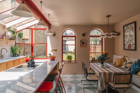 MEL. ARCHITECT Case Study - Otto Tiles & Design, contemporary tile company Shallow Pantry, Red Windows, Dining Corner, London Kitchen, English Design, Tiles Design, Kitchen Extension, Red Kitchen, Arched Windows