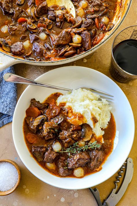 Le Creuset Beef Bourguignon Recipe Beef Braised, Dutch Oven Beef, Beef Bourguignon Recipe, Le Creuset Recipes, Fall Meal, Classic French Dishes, Buttered Noodles, How To Cook Beef, Dutch Oven Recipes