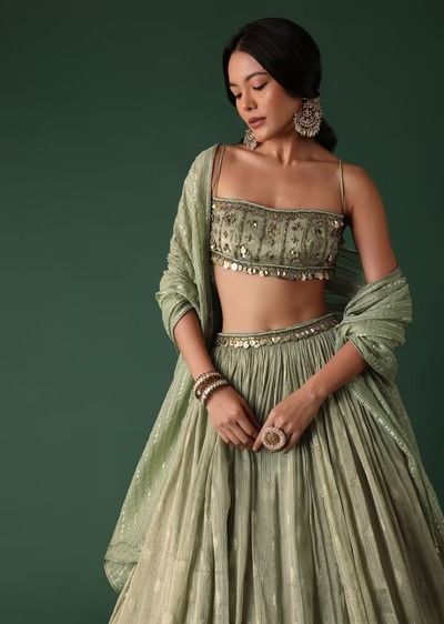 Pale Olive Green Printed Lehenga And Blouse Set In Banarasi Silk Lehenga And Blouse, Simple Lehenga, Printed Lehenga, Indian Outfits Lehenga, Kalki Fashion, Lehenga Designs Simple, Green Lehenga, Traditional Indian Dress, Indian Look