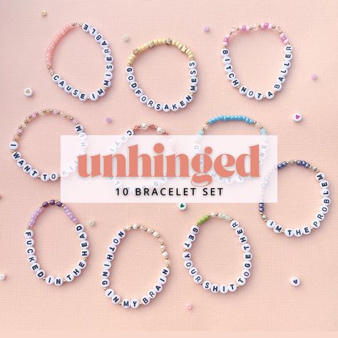 Don't be the only person without friendship bracelets at the Eras Tour! Whether you're buying them to keep or trade, these bracelets were made by hand by a fellow Swiftie. These bracelets are made with stretchy elastic, so no need to worry about annoying clasps. This Unhinged set is inspired by her most relatable, self deprecating, and self aware lyrics. Each bead was meticulously picked out to create the most authentic Unhinged set.  Clean versions are also available! 1 set contains 10 bracelet Eras Tour Friendship Bracelets Lyrics, Friendship Bracelets For Eras Tour, Funny Swiftie Bracelets, Taylor Swift Lyrics Friendship Bracelet, Easy Eras Tour Bracelets, Eras Tour Bracelets Midnights, Taylor Swift Lyrics Bracelets, Bejeweled Friendship Bracelet, Eras Bracelet Ideas Funny