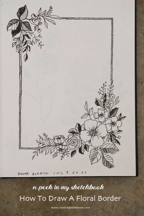 Flower Boder Degin, Flower Edge Border Drawing, Floral Doodle Border, Plant Border Ideas Drawing, Floral Journal Cover, Floral Sketches Design, Floral Border Design For Project, Plant Border Drawing, Floral Frame Drawing