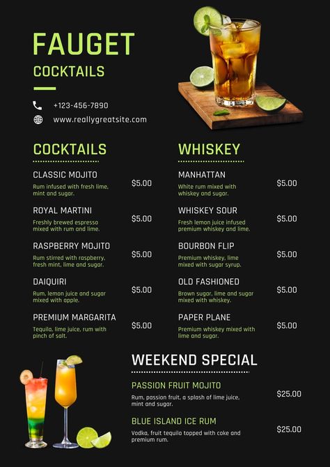 Free, printable custom drink menu templates | Canva Fresco, Cocktail Menu Ideas, Drink Menu Template, Menu Board Restaurant, Drink Menu Design, Menu Drink, Watercolor Menu, Raspberry Mojito, Restaurant Drinks