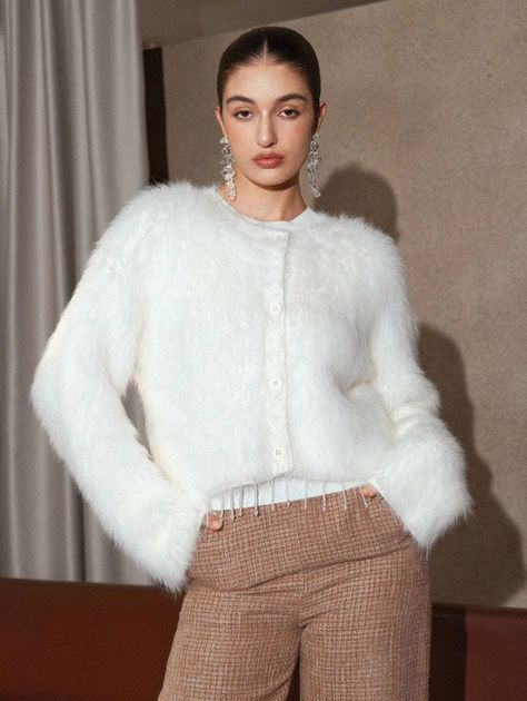 Fur Cardigan Outfit, Cardigan And Dress Outfit, Dress Outfit Aesthetic, Fur Cardigan, Shein Brasil, Cardigan Outfit, Fuzzy Cardigan, Skincare Essentials, Evening Dresses With Sleeves