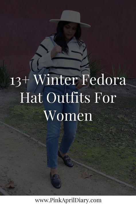 Unleash your inner fashionista this winter with my latest chic winter fashion blog post featuring 13+ Fedora hat outfit ideas. From a Fedora Hat Midi Dress Outfit to a Fedora Hat Denim Jacket outfit, these winter Fedora hat outfits for women will help you add a touch of sophistication to your winter wardrobe capsule. Click the link to read more today and discover how to wear a Fedora hat in the winter for a chic winter look! Fedora Hat And Blazer Outfit Black Women, Maxi Dress And Fedora Hat Outfit, How To Wear A Hat With Short Hair Winter, Hats For Women Over 50, Women’s Hat Outfit, How To Style A Fedora Women, Fedora Hat Winter Outfit, Black Fedora Hat Outfit Winter, Wide Brim Hat Outfit Winter