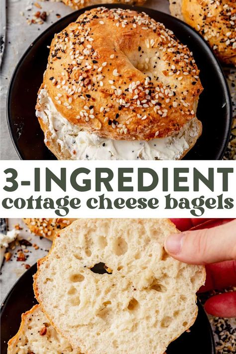 These 3-ingredient cottage cheese bagels will be your new obsession. Make them in the oven or the air fryer and enjoy them as a healthy, savory snack (or part of a sandwich) any time of day! Recipes With Whole Foods, Bagels Recipe Homemade Cottage Cheese, Healthy Breakfast Carbs, Flour And Cottage Cheese Bagels, High Energy Foods Meals, High Protein Bagels With Cottage Cheese, High Protein Bagels Recipe, High Protein Pastries, Clean High Protein Snacks