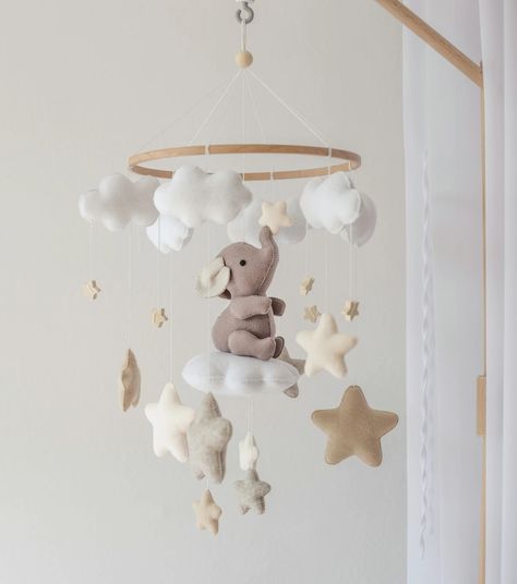 Elephant Baby Rooms, Neutral Baby Room, Elephant Baby Mobile, Elephant Mobile, Felt Name Banner, Elephant Nursery Decor, Baby Boy Mobile, Baby Room Neutral, Baby Elefant