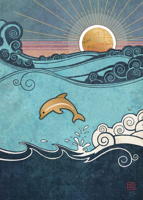 Sea Drawing, Wave Drawing, Fox Card, Dolphin Art, Bug Art, Wall Drawing, Wood Burning Patterns, Sun Art, Sea Art