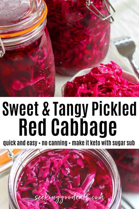 The perfect blend of tangy and sweet. This delicious pickled red cabbage is so easy to make! Marinated Red Cabbage, Sweet Pickled Red Cabbage, Purple Cabbage Canning, Pickled Red Cabbage Canning, Canned Pickled Red Cabbage Recipe, Pickled Red Cabbage Mediterranean, How To Pickle Red Cabbage, Canning Recipes For Cabbage, Pickles Red Cabbage