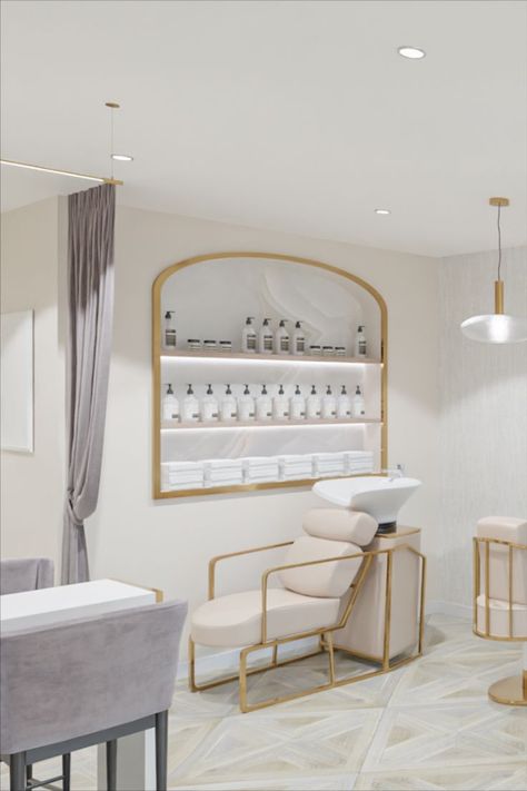 Gold Salon Ideas, Salon Studio Decor Luxury, Classy Hair Salon, Beauty Salon Decor Ideas Luxury, Salon Wash Station, Salon Interior Design White And Gold, Gold Salon Decor, Gold Hair Salon Decor, Gold Beauty Salon