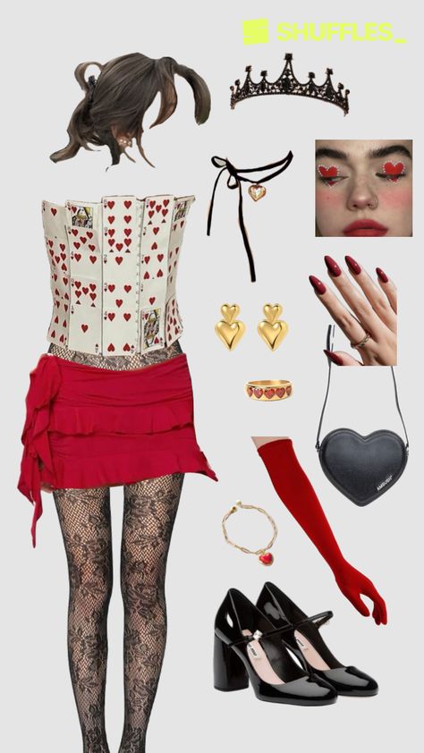 Queen Of Hearts Costume Aesthetic, Alice In Wonderland Queen Of Hearts Costume, Halloween Circus Costumes, Queen Of Hearts Aesthetic Outfits, Red Queen Outfit, Red Queen Halloween Costume, Queen Of Hearts Corset, King Of Hearts Costume, Queen Of Hearts Outfit