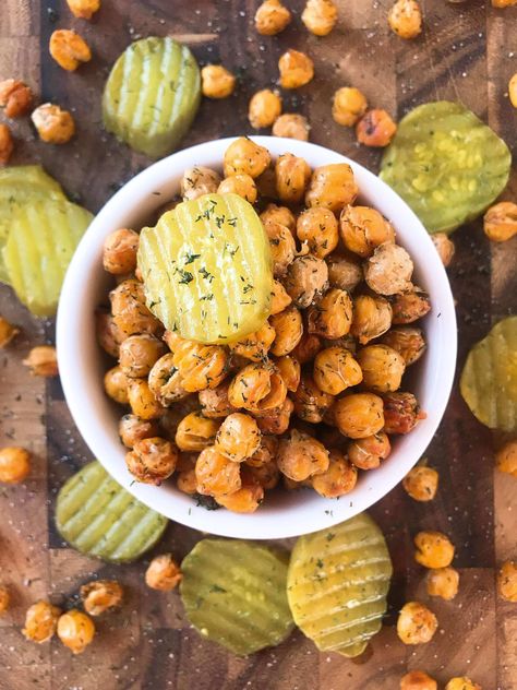 A simple and easy recipe, Dill Pickle Roasted Chickpeas are a healthy appetizer or snack and perfect for game day or entertaining. Vegan, gluten free, and dairy free. Garbanzo beans are roasted with dill and pickle brine. Roasted Garbanzo Bean Recipes, Roasted Garbanzo Beans, Garbanzo Bean Recipes, Chickpea Recipes Roasted, Healthy Appetizer, Beef Casserole Recipes, Chickpea Recipes, Quick Easy Snacks, Garbanzo Beans