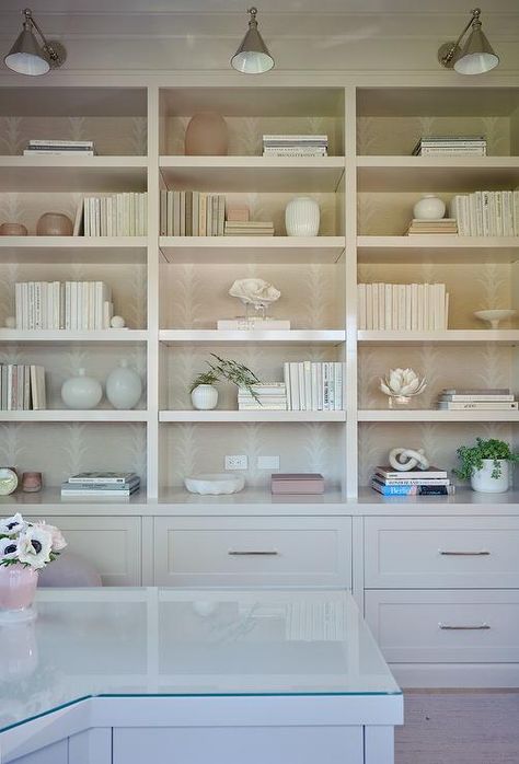 Pink Wallpaper on Back of Built Ins - Transitional - Den/library/office Office Built Ins Bookshelves, Bookshelf With Wallpaper Backing, Built In Desk And Shelves Office, Acanthus Wallpaper, Built In Desk And Shelves, Pink Home Office, Den Library, White Built Ins, Home Office Built Ins