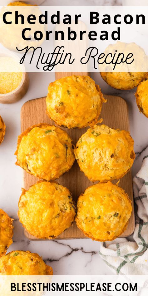 This easy Cheddar Bacon Cornbread Muffins recipe is perfect as a dinner side dish or even a quick breakfast. The cheddar and bacon make an amazing combo! #cornbreadmuffins #cornmuffins #cornbreadmuffinsrecipe #baconandcheddar #cornbreadrecipe #muffinsrecipe #breakfastrecipe #sidedishrecipe #savorymuffins #savorymuffinsrecipe Cheese Cornbread Muffins, Bacon Cheddar Muffins, Mini Cornbread Muffins, Cornbread Breakfast, Savory Breakfast Muffins, Cheese Cornbread, Bacon Cornbread, Savory Cornbread, Bacon Cookies