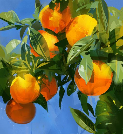 Digital painting on the Ipad pro Orange Illustration Art, Orange Painting Acrylic, Blue Orange Painting, Food Acrylic Painting, Orange Blue Aesthetic, Orange Digital Art, Orange Tree Painting, Arte Peculiar, Orange Tree