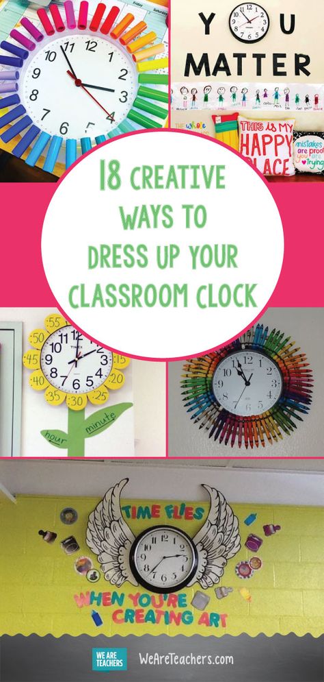 18 Creative Ways to Dress Up Your Classroom Clock Classroom Displays High School, Best Classroom Displays, Time Classroom Display, Clock Bulletin Board Ideas, School Clock Ideas, Clock Classroom Decor, Decorating Your Classroom, Clock Bulletin Board, Clock Display Classroom