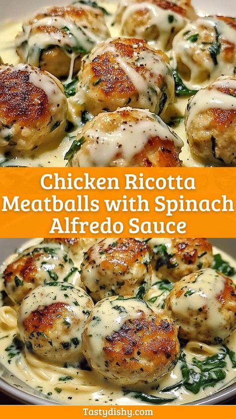 Delicious Chicken Ricotta Meatballs with Creamy Spinach Alfredo Sauce - Delicious Recipes - Easy Cooking Ideas and Tasty Dishes Easy Dinner With Spinach, Healthy Family Meals Chicken, Food To Make Him Fall In Love, Chicken Ricotta Meatballs With Alfredo Sauce, Meatballs Main Dish, Healthy Dinner With Meatballs, Crockpot Ricotta Meatballs, Healthy Meatball Sauce Recipe, Chicken Meatballs With Spinach