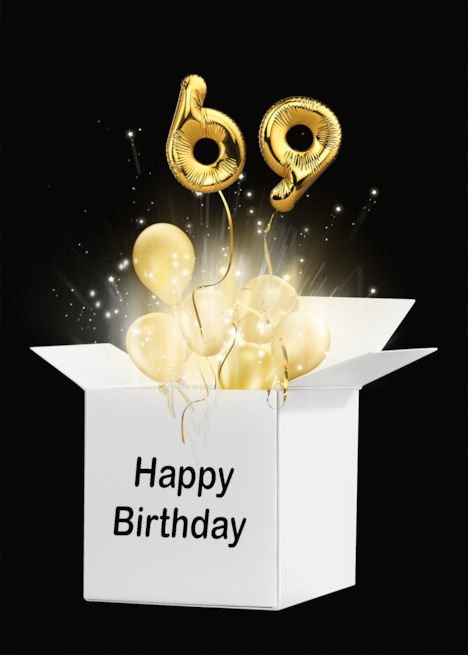 69th Birthday Gold Balloons and Stars Exploding Out of a White Box card Fashion Cards, 86 Birthday, 98th Birthday, 68 Birthday, 88th Birthday, 76th Birthday, 79th Birthday, 59 Birthday, 58th Birthday