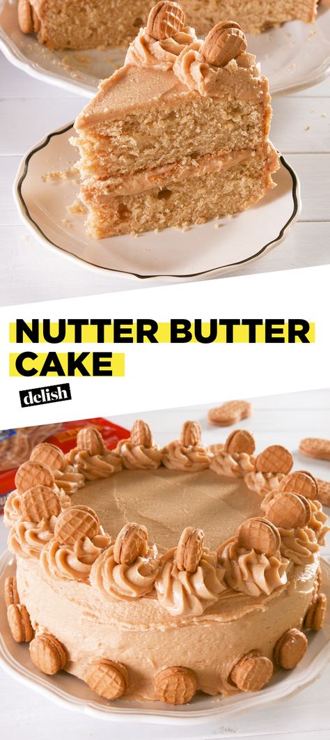 Peanut butter addicts: You'll eat this entire cake in one sitting. Get the recipe at Delish.com. #recipe #easyrecipe #baking #easy #dessert #cake #peanutbutter #cakedecorating #cakedesign Nutter Butter Cake Recipe, Nutter Butter Dessert Recipes, Nutter Butter Recipes Desserts, Cookie Butter Cake Recipes, Festival Style Men, Nutter Butter Recipes, Nutter Butter Cake, Nutter Butter Cheesecake, Peanut Butter Cake Recipe