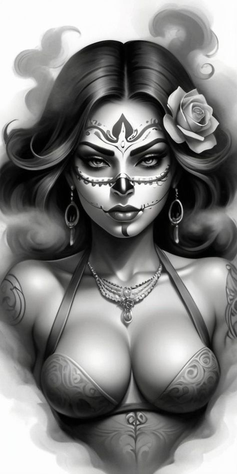 MEXICAN CATRINA ART TATTOO DESIGN Santa Muerte Drawing, Santa Muerte Tattoo, Sugar Skull Art Drawing, Mexican Skull Tattoos, Sugar Skull Drawing, Aztec Warrior Tattoo, Art Tattoo Design, Aztec Artwork, Mexican Tattoo