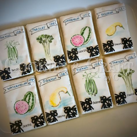 Garden seed packet cookies Royal icing, decorated sugar cookies Cake lace, sugar veil, chocolate, lemon, raspberry  https://m.facebook.com/CookiesAndCraftbyG/ Sugar Veil, Garden Seeds Packets, Cookies Royal Icing, Chocolate Lemon, Sugar Cookie Cakes, Cookie Craft, Cookies Cake, Decorated Sugar Cookies, Cake Lace