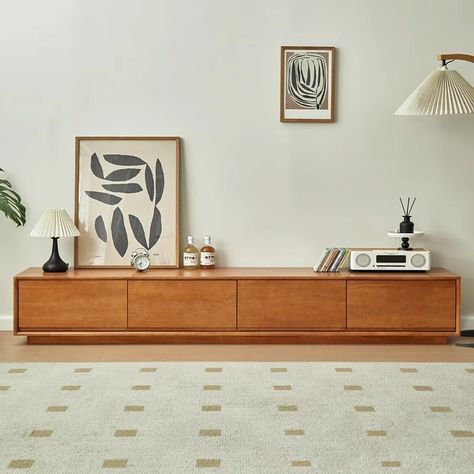 Midcentury Apartment Living Rooms, Floor Cabinets Living Room, Tv Stand Aesthetic Living Room, Simple Wood Tv Stand, Long Media Console Living Room, Tv No Fireplace, Apartment Living Room Tv Stands, Living Room Cabinet Design, Interior Inspo Living Room