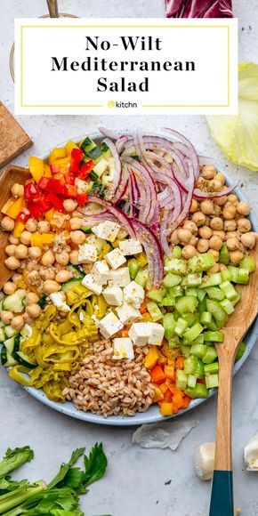 Mediterranean-Style Chopped Salad with Oregano Vinaigrette | Kitchn Mediterranean Lunch Salad, Salad Ideas No Lettuce, No Wilt Chopped Salad, Easy Workday Dinners, No Lettuce Greek Salad, Greek Salad Lunch, Mediterranean Grain Salad, No Salad Salad, Chopped Salad No Lettuce