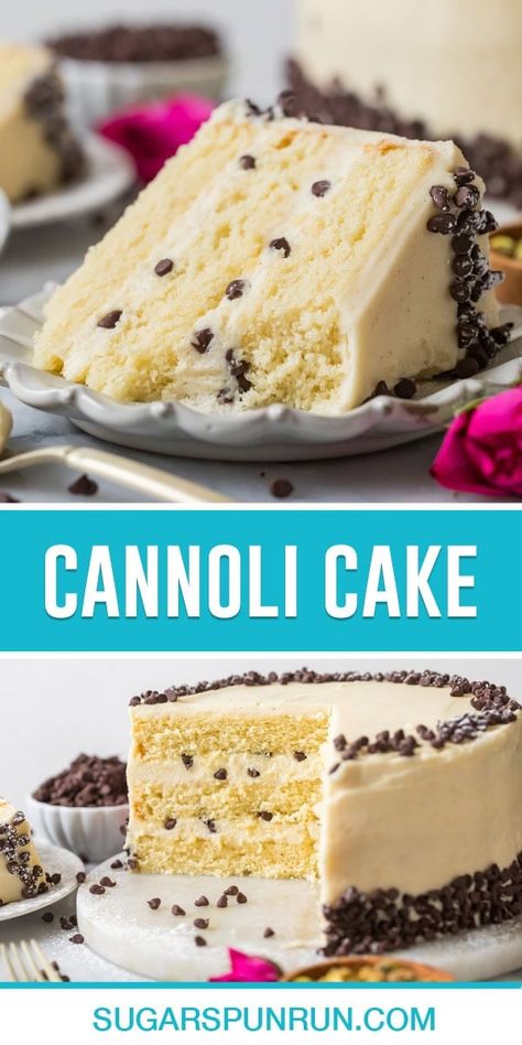 Cannoli Cake - Sugar Spun Run Canolli Cake Recipe, Canola Cake Recipe, Ricotta Cannoli Squares, Italian Cakes Recipes, Easy Cannoli Cake, Cannoli Cake Recipe Easy, Cannoli Cake Recipe, Ricotta Frosting, Unusual Desserts