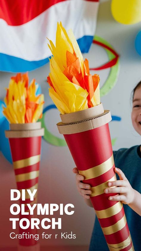 Create a memorable Olympic experience at home with this DIY Olympic Torch craft! Follow our detailed instructions and watch as your children craft their own torches, sparking joy and excitement for the games. Ideal for school projects or summer activities. #OlympicsForKids #CraftTime #DIYKids How To Make An Olympic Torch, Olympic Ideas For Classroom, Diy Torch Craft, Diy Olympic Podium, Olympic Torch Craft For Kids, Olympic Arts And Crafts For Kids, Olympic Torch Diy, Olympic Decorations Diy, Torch Craft For Kids