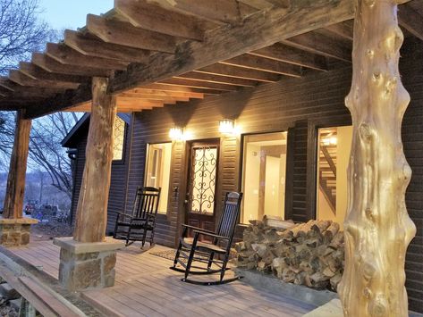 Front porch with cedar tree posts from our cedar forest.  -Our Missouri Bohemian Cabin Raw Cedar Posts Front Porch, Log Porch Posts, Rough Cedar Posts Front Porch, Cedar Posts Front Porch, Cedar Front Porch, Bohemian Cabin, Cabin Front Porch, Small Rustic House, Hunters Cabin