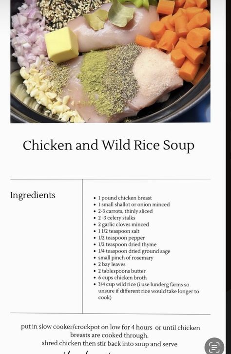 Chicken And Wild Rice Soup, Chicken And Wild Rice, Wild Rice Soup, Rice Soup, Wild Rice, Shredded Chicken, Shallots, Chicken Broth, Chicken Breast