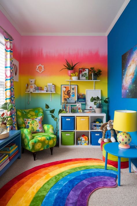 eclectic kids room Rainbow Kids Room, Eclectic Kids Room, Rainbow Room Kids, Rainbow Bedroom, Superhero Room, Rainbow Nursery, Rainbow Kids, Play Kitchen, Kids Rooms