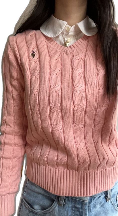 Womens Polo Outfit, Coquette Knit Sweater, Pink Sixth Form Outfits, Us Polo Assn Outfit, Ralph Lauren Coquette, Pink Polo Sweater Outfit, Polo Cable Knit Sweater Outfit, Preppy Pink Clothes, How To Style Cable Knit Sweater