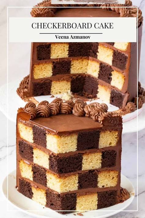 A checkerboard cake is impressive and surprisingly easy to make. Four layers of vanilla and chocolate cake frosted with chocolate ganache create this wonderful checkerboard effect. A fun new way to decorate a cake! Checkered Cake How To Make A, Checker Board Cake Recipe, Vanilla And Chocolate Cake Layers, How To Make A Checkerboard Cake, Check Board Cake, How To Make Layered Cake, Checkered Cake Inside, Checkered Birthday Cake, Checker Cake