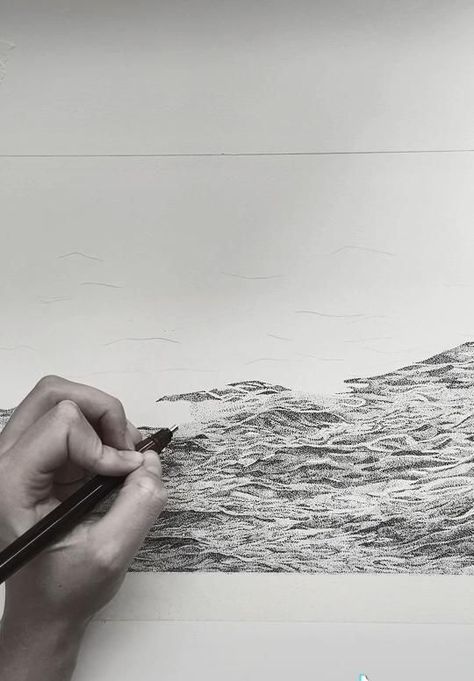 Water Stippling Art, How To Draw The Ocean In Pencil, Ocean Stippling Art, Water Sketch Pencil, Ocean Drawing Pencil, Sea Drawing Pencil, Ocean Pencil Drawing, Wave Drawings, Dot Drawings