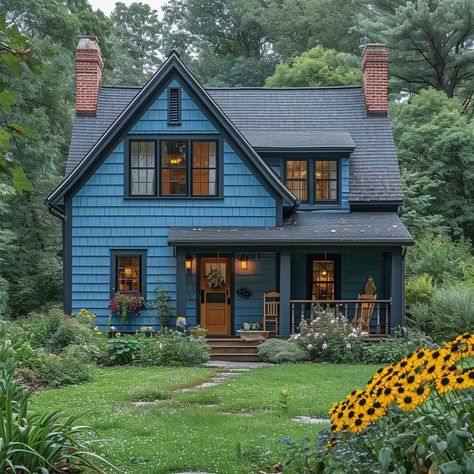 Norway House Exterior, Two Color Exterior Homes, Cottage Colours Exterior, Colored Houses Exterior, Tiny House Exterior Colors, Vibrant Exterior House Colors, Unique House Colors, 1940 House Exterior, Blue House Brown Roof