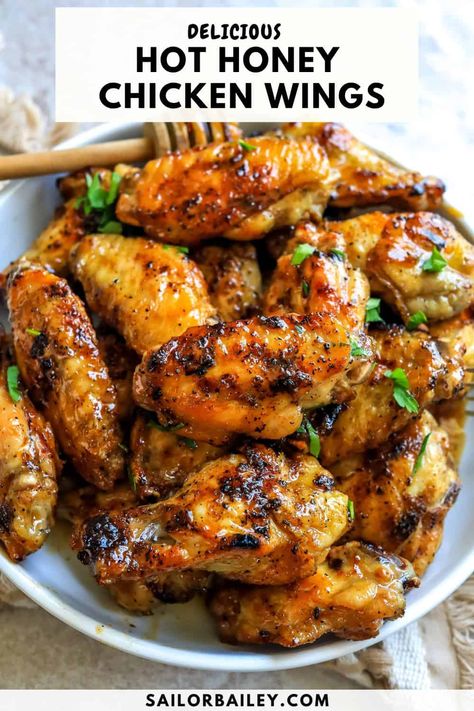 Delicious, perfectly cooked Hot Honey Chicken Wings slathered in an addictive hot honey sauce you will love. Grill, bake or air fry! via @sailor_bailey Mikes Hot Honey Appetizers, Hot Honey Garlic Wings, Grilled Chicken Wing Recipes, Hot Honey Wings Recipes, Chicken Wing Sauce Ideas, Recipes Using Hot Honey, Lunch Subs, Healthy Chicken Wing Recipes, Chicken Wing Dinner Ideas