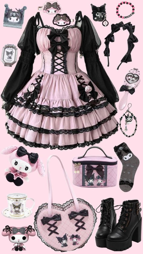 #lollita #kawaii #kawaiiaesthetic #kawaiicore #mymelody #mymelodyandkuromi #kuromi #kuromiandmelody #pink #black #lacey Kawaii, Kuromi Outfit Aesthetic, Kuromi Aesthetic Outfit, Pink Goth Outfits, Draculaura Aesthetic Outfit, My Melody Outfit, Kuromi Clothes, Kuromi Outfit, Cute Emo Outfits